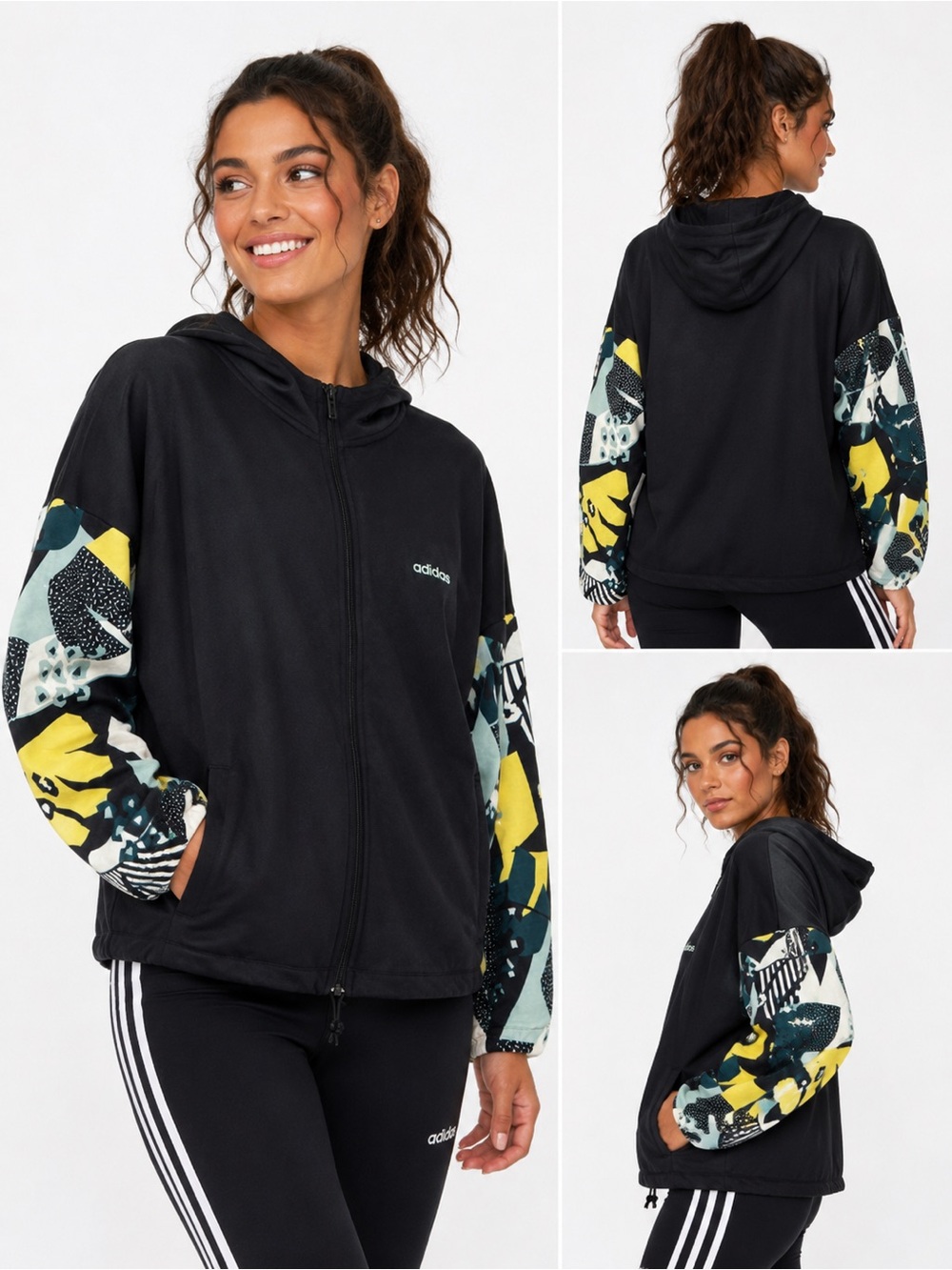 adidas Black Zip Hoodie with Yellow & Green Patterned Sleeves